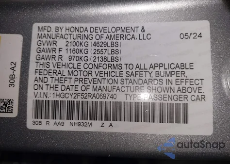2024 Honda Accord Hybrid Sport из США, поврежденный, VIN 1HGCY2F52RA069740